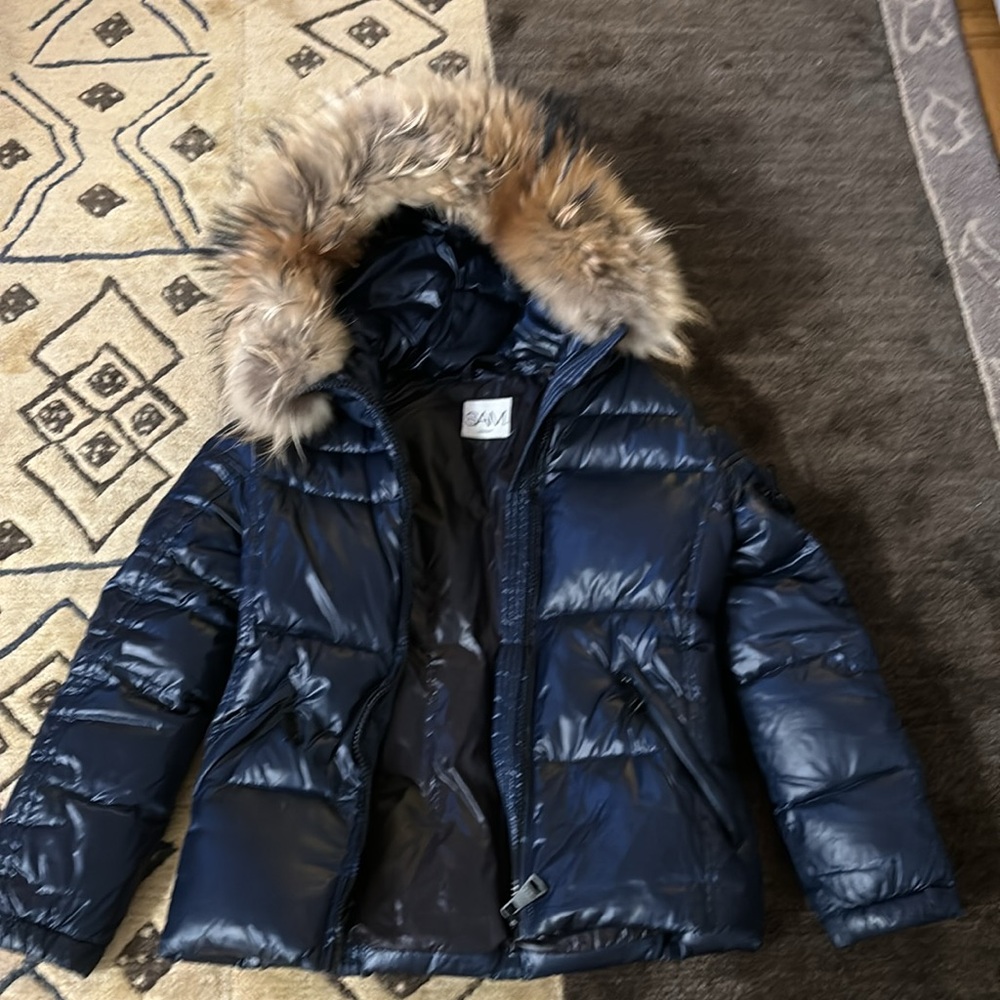 SAM. Shiny Navy Puffer Jacket with Faux Fur Hood - Picture 2 of 7